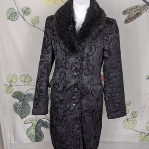 Vintage '90s faux fur collar damask coat black m